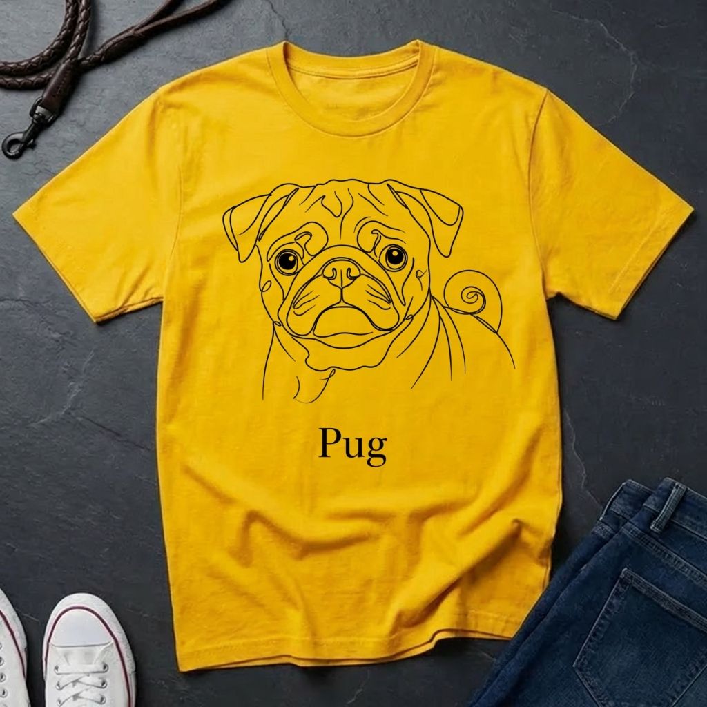 Yellow t-shirt with a pug graphic and 'Pug' text on a dark surface.