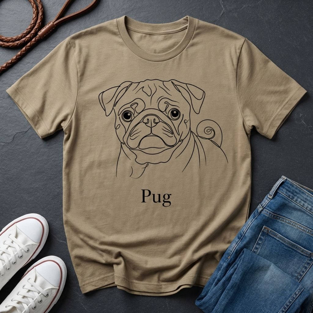 Beige t-shirt with a pug graphic and 'Pug' text on a dark surface with shoes and jeans.