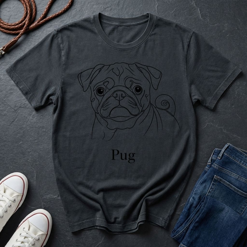 Dark gray t-shirt with a pug graphic and 'Pug' text on a dark surface with shoes and jeans.
