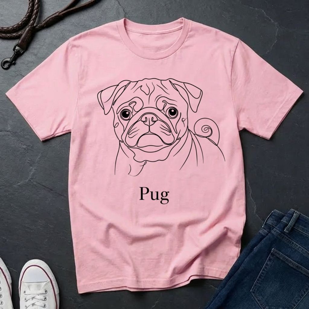 Pink t-shirt with a pug graphic and 'Pug' text on a dark surface.