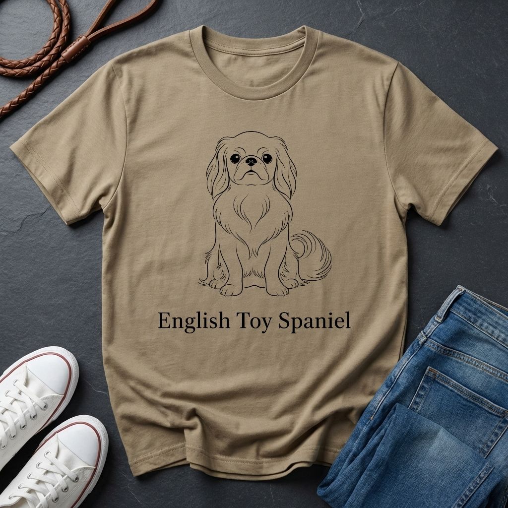 Beige t-shirt with English Toy Spaniel design and text on a dark surface with shoes and jeans.