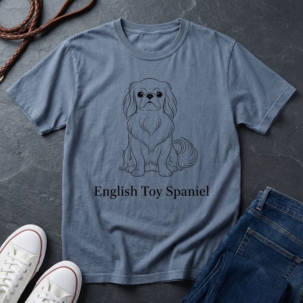 Blue t-shirt with an English Toy Spaniel design and text on a dark surface with shoes and jeans.