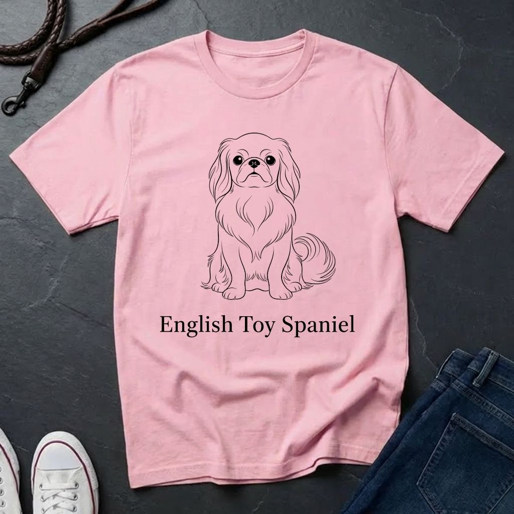 Pink t-shirt with an English Toy Spaniel graphic and text on a dark surface.