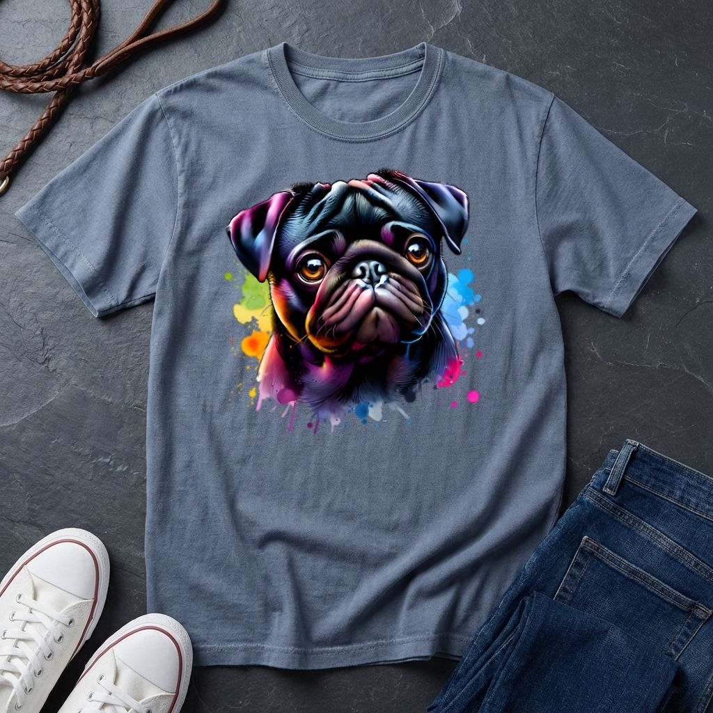 Pug Portrait T-Shirt — Colorful Watercolor Pug Tee - Comfort Colors 1717