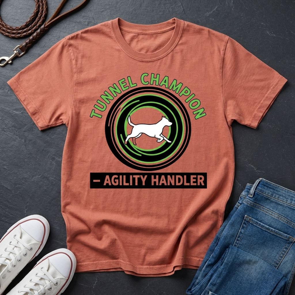 Beige t-shirt with 'Tunnel Champion Agility Handler' graphic on a dark surface with shoes and jeans.