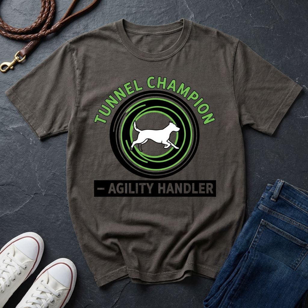 Beige t-shirt with 'Tunnel Champion Agility Handler' graphic on a dark surface with shoes and jeans.
