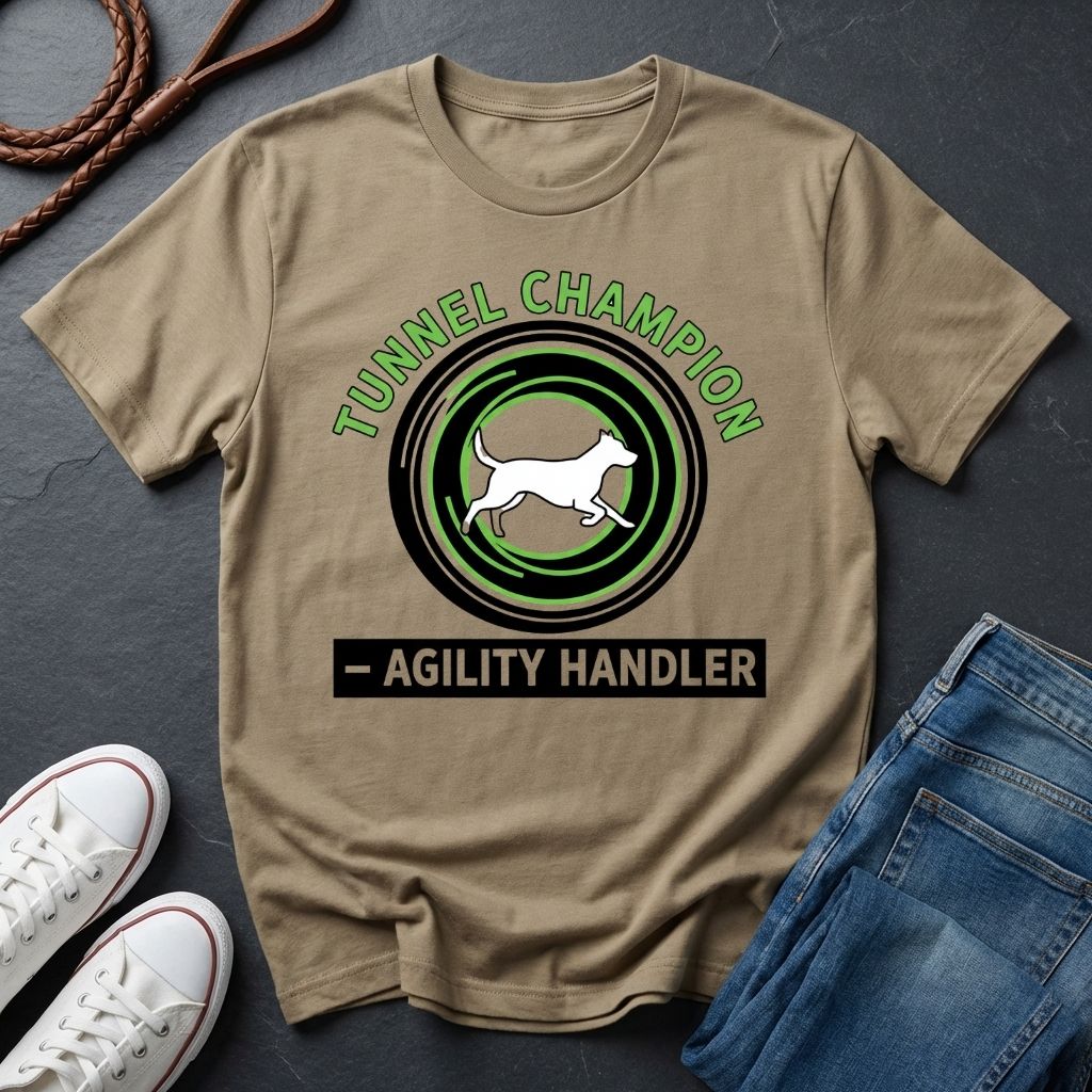 Beige t-shirt with 'Tunnel Champion Agility Handler' graphic on a dark surface with shoes and jeans.