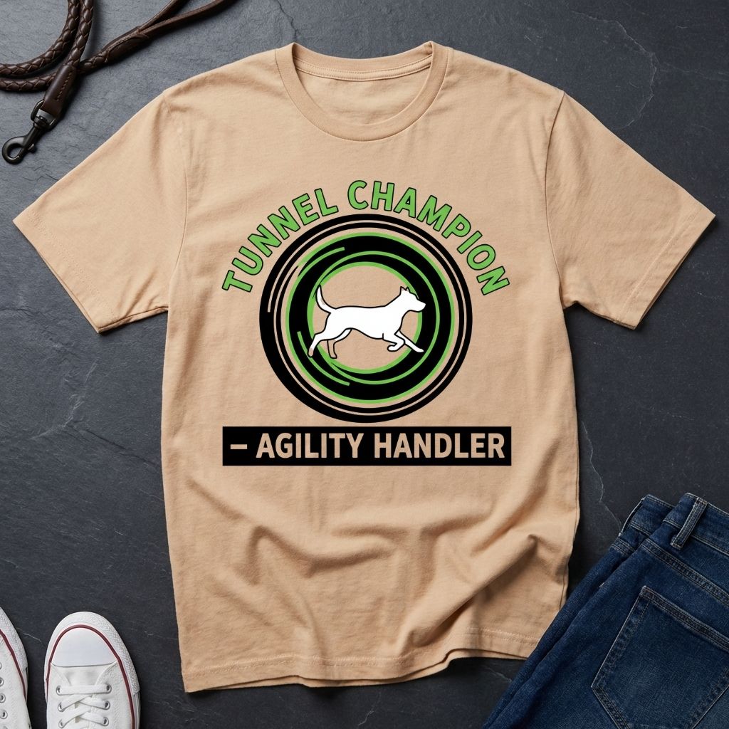 Beige t-shirt with 'Tunnel Champion Agility Handler' graphic on a dark surface with shoes and jeans.