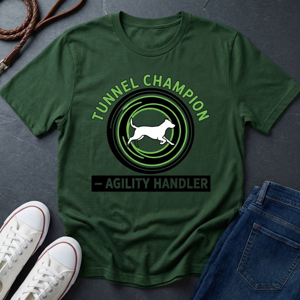 Beige t-shirt with 'Tunnel Champion Agility Handler' graphic on a dark surface with shoes and jeans.