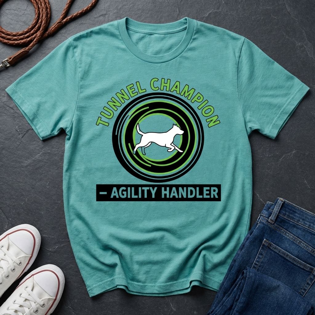 Beige t-shirt with 'Tunnel Champion Agility Handler' graphic on a dark surface with shoes and jeans.
