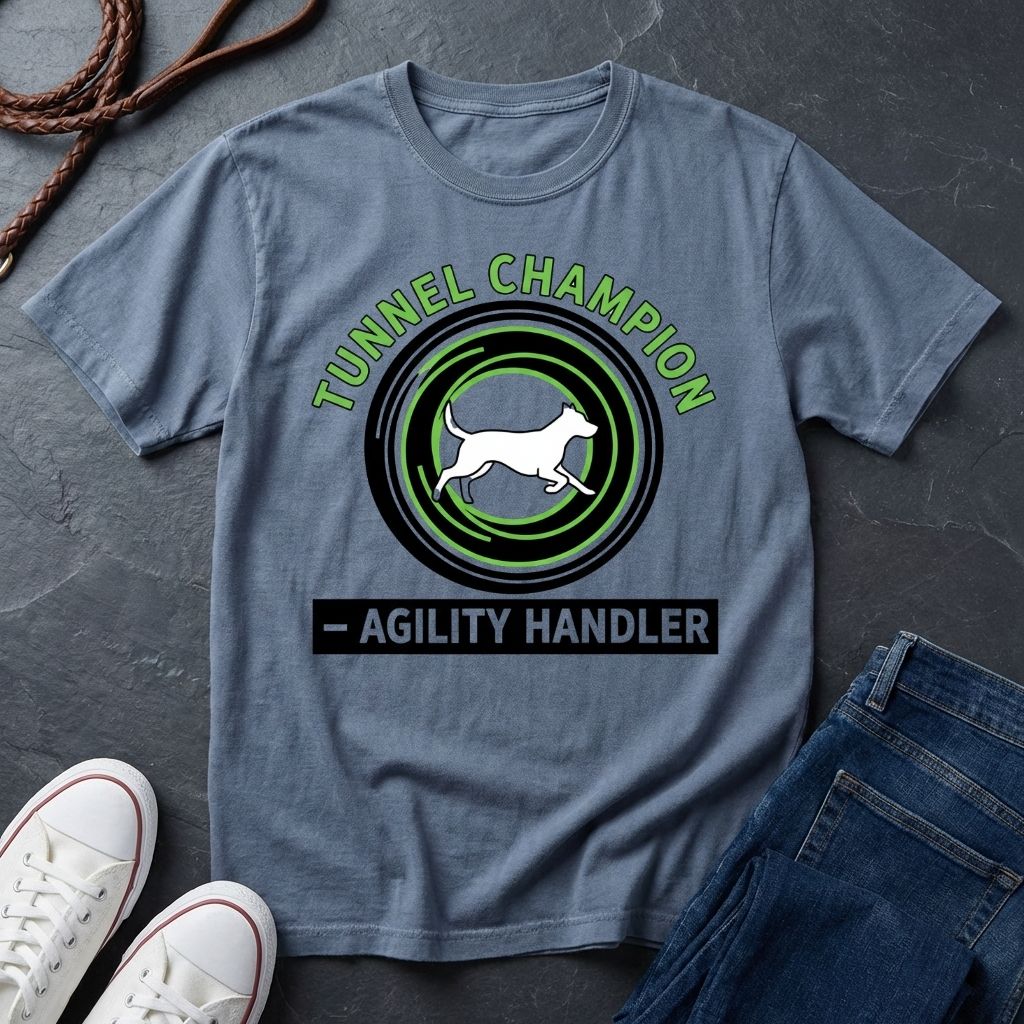 Beige t-shirt with 'Tunnel Champion Agility Handler' graphic on a dark surface with shoes and jeans.