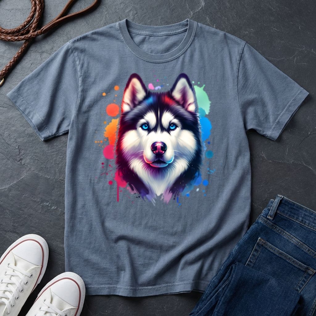 Siberian Husky Graphic Pop Art Shirt — Colorful Watercolor Splash Dog Tee - Comfort Colors 1717