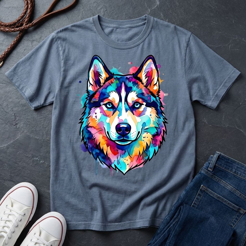 Siberian Husky Graphic Pop Art Shirt — Vibrant Neon Wolf Head Tee - Comfort Colors 1717