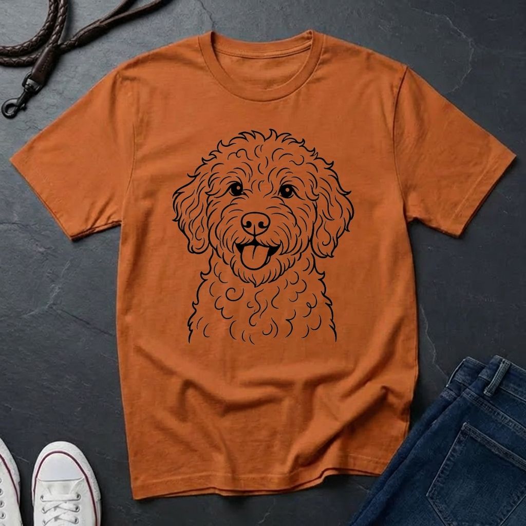 Orange Comfort Colors t-shirt with a dog illustration on a dark surface with jeans and shoes.