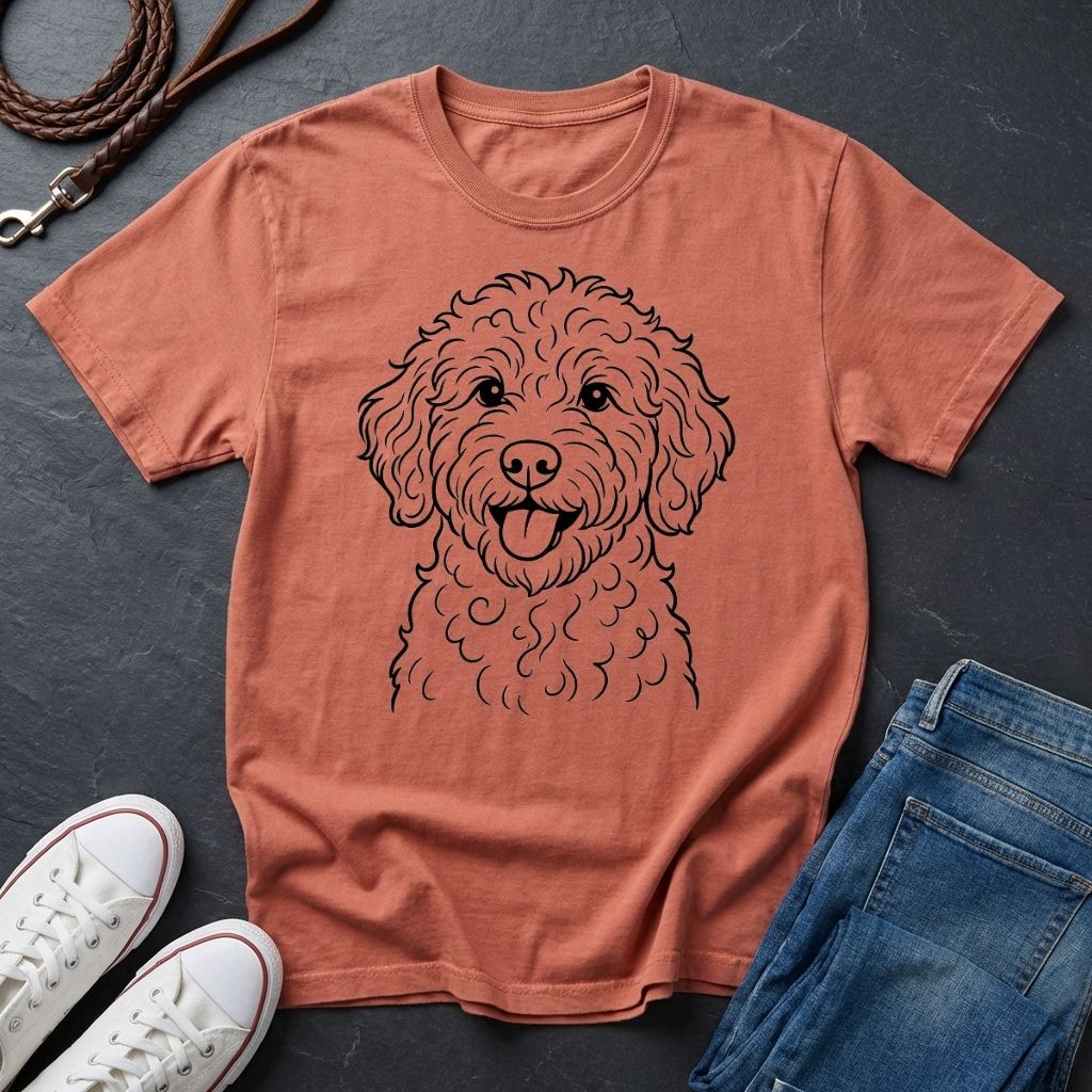 Coral Comfort Colors t-shirt with a dog illustration on a dark surface with shoes and jeans.