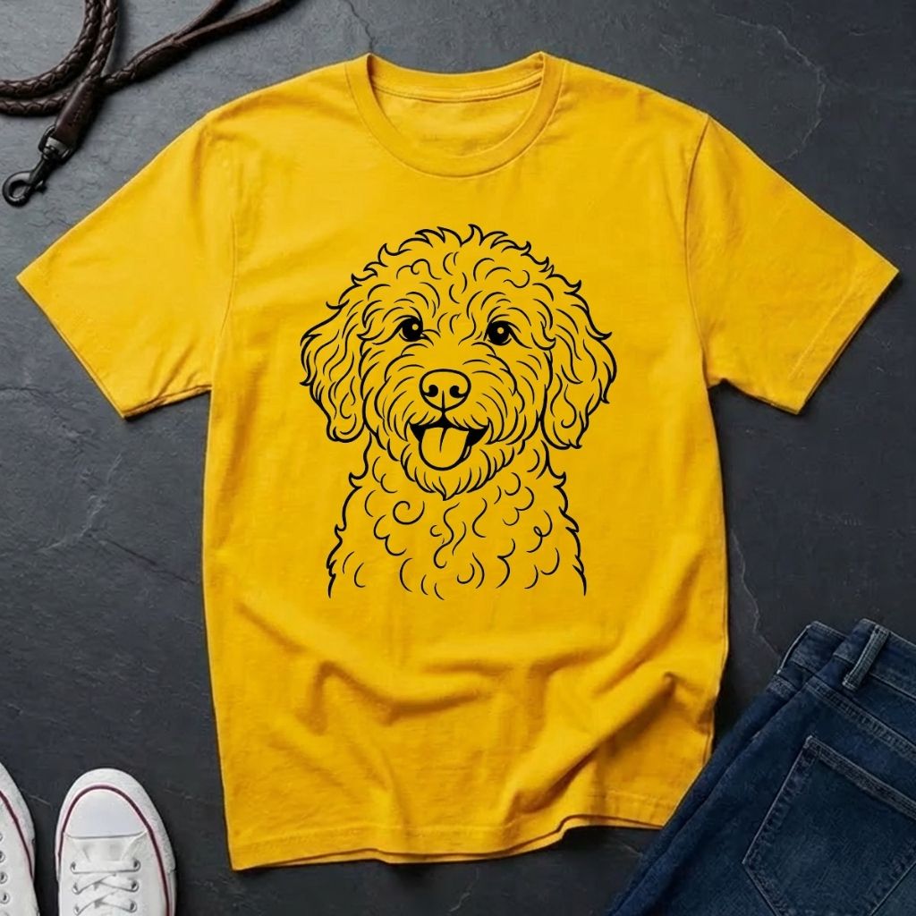 Yellow Comfort Colors t-shirt with a dog illustration on a dark surface with shoes and jeans.
