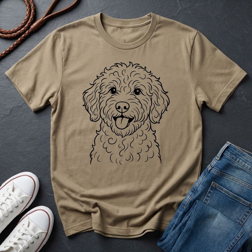 Beige Comfort Colors t-shirt with a dog illustration on a dark surface with shoes and jeans.
