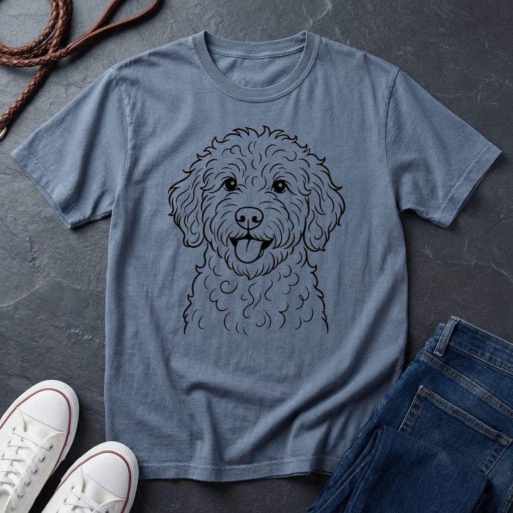 Blue Comfort Colors t-shirt with a dog illustration on a dark surface with shoes and jeans.