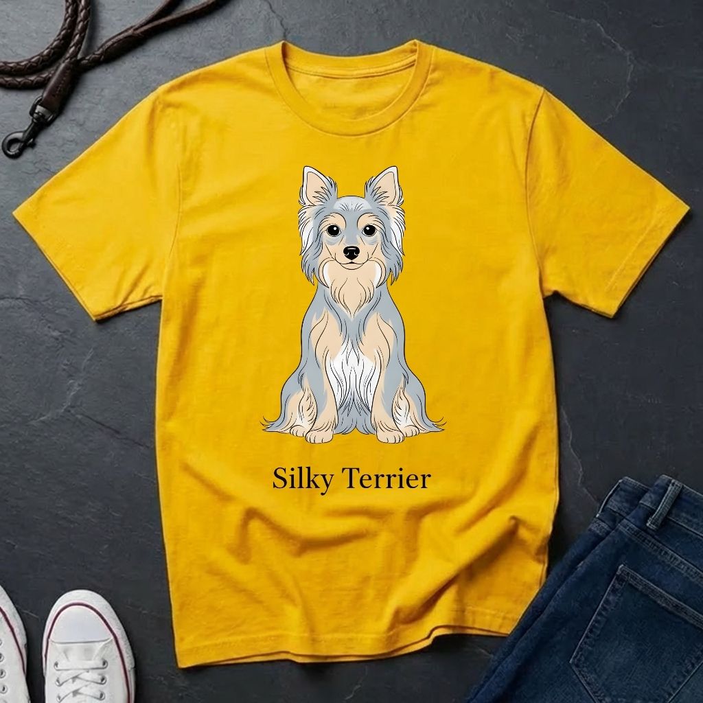 Yellow Comfort Colors t-shirt with a Silky Terrier graphic and text on a dark surface.