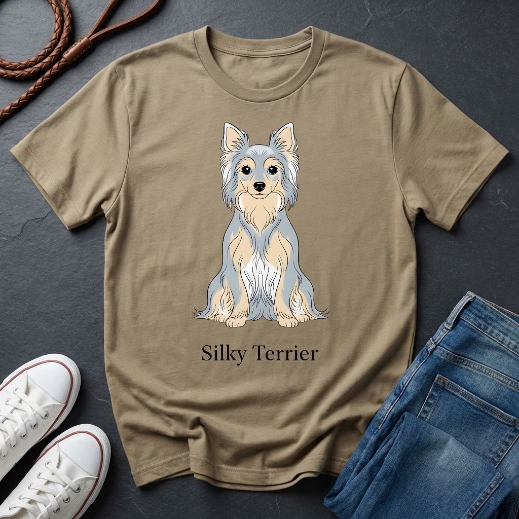 Beige Comfort Colors t-shirt with Silky Terrier graphic and text on a dark surface with shoes and jeans.