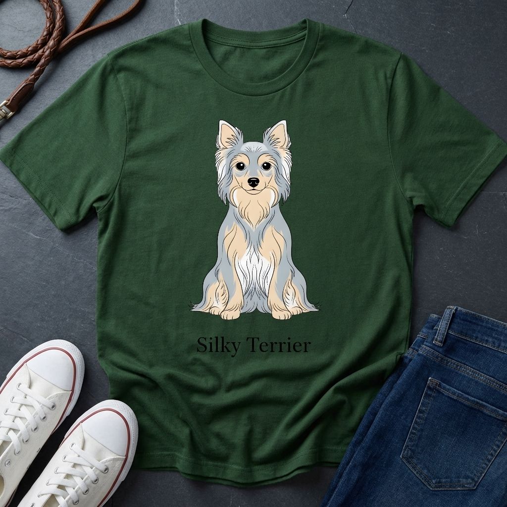 Green Comfort Colors t-shirt with Silky Terrier design on a dark surface with shoes and jeans.