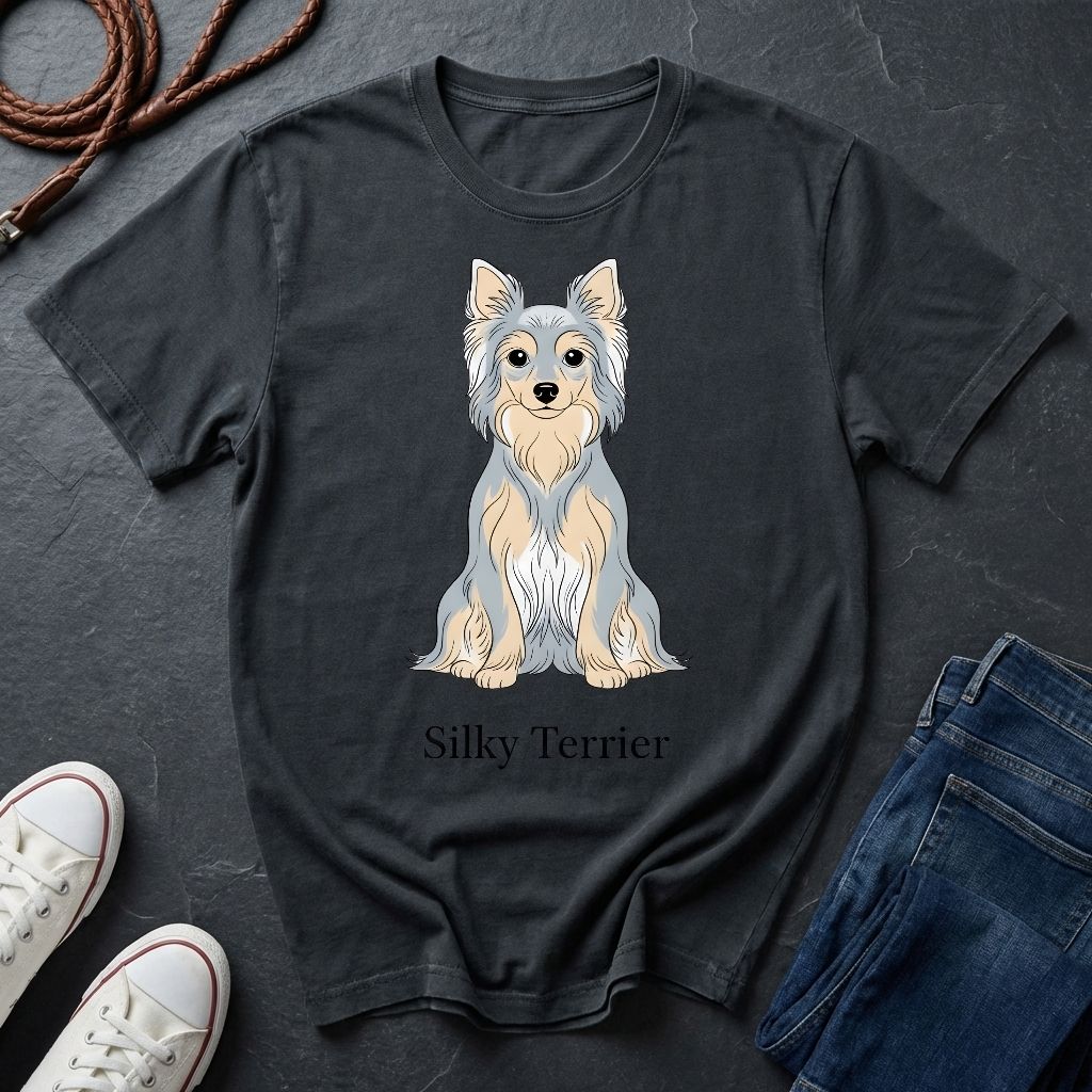 Black Comfort Colors t-shirt with Silky Terrier graphic and text on a dark surface with shoes and jeans.