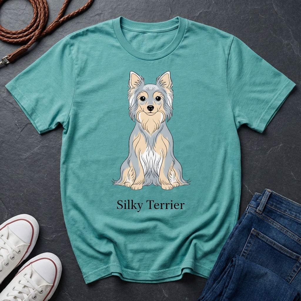 Teal Comfort Colors t-shirt with Silky Terrier graphic and text on a dark surface with shoes and jeans.