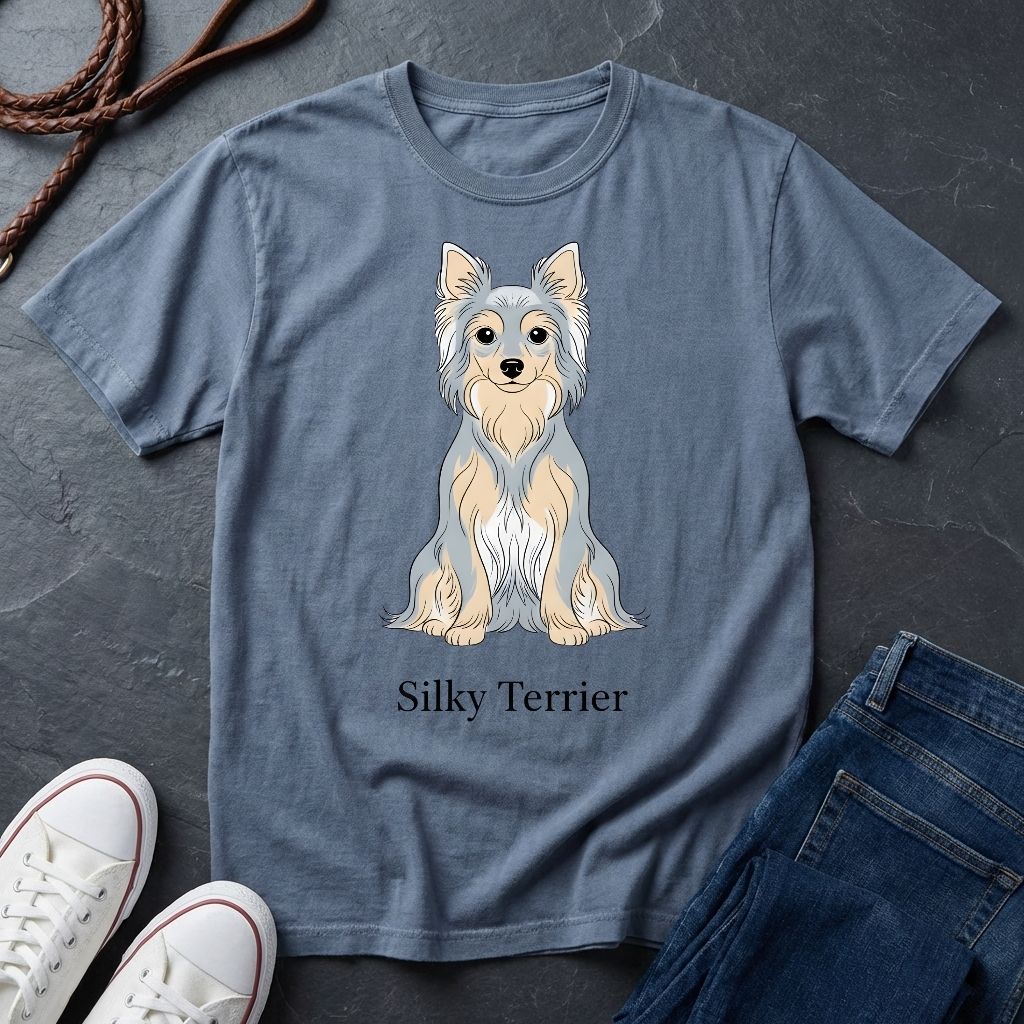 Blue Comfort Colors t-shirt with Silky Terrier graphic and text on a dark surface with shoes and jeans.