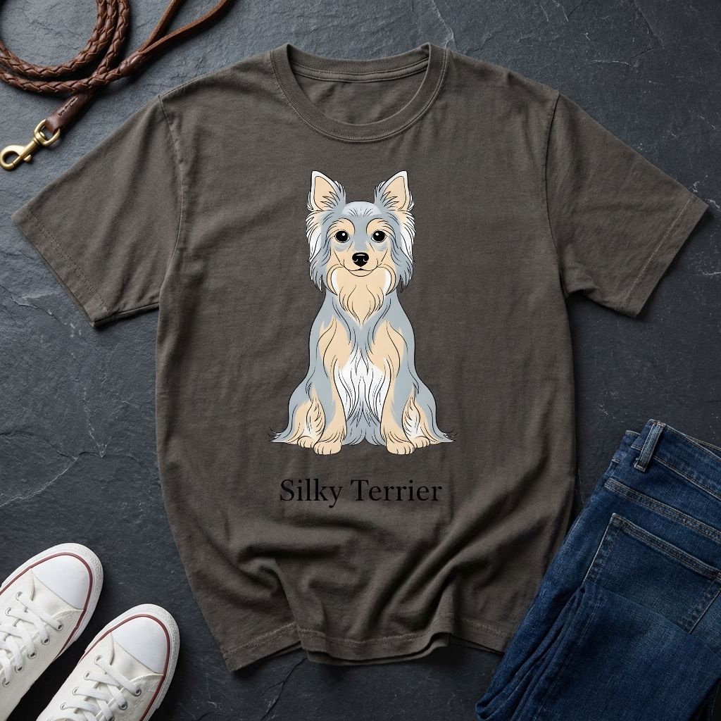 Gray Comfort Colors t-shirt with Silky Terrier graphic and text on a dark surface with shoes and jeans.