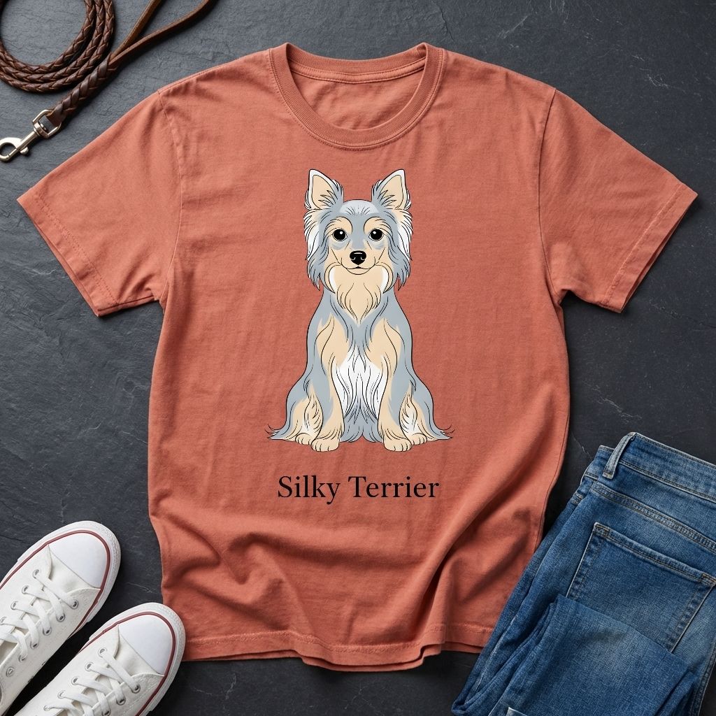 Brown Comfort Colors t-shirt with Silky Terrier design and text, placed on a dark surface with shoes and jeans.