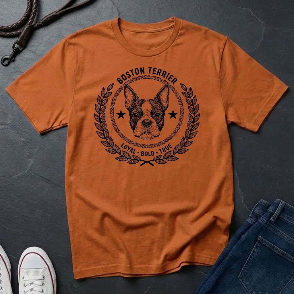 Orange Comfort Colors t-shirt with Boston Terrier graphic and text on a dark surface with jeans and sneakers.
