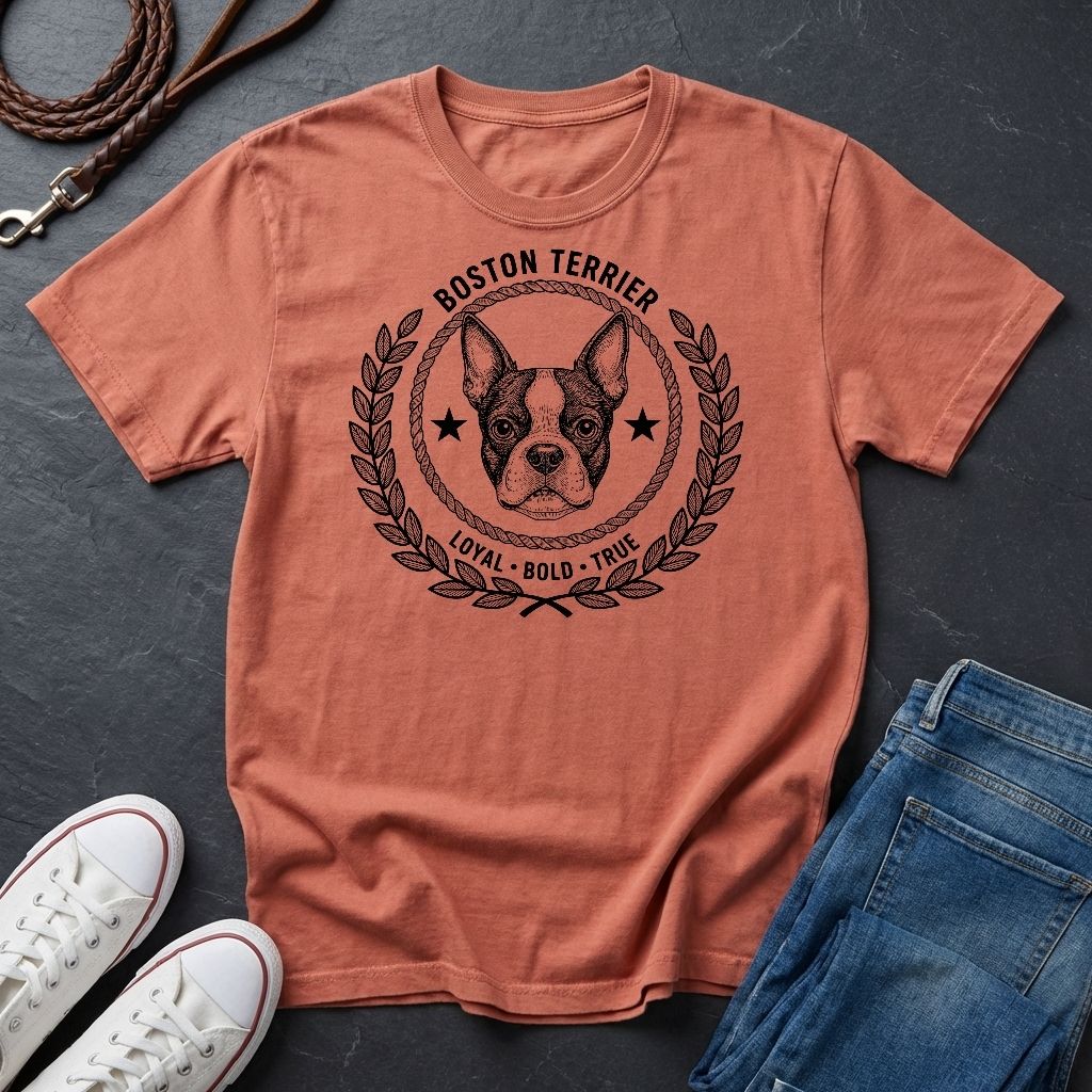 Coral Comfort Colors t-shirt with Boston Terrier graphic and text on a dark surface with shoes and jeans.