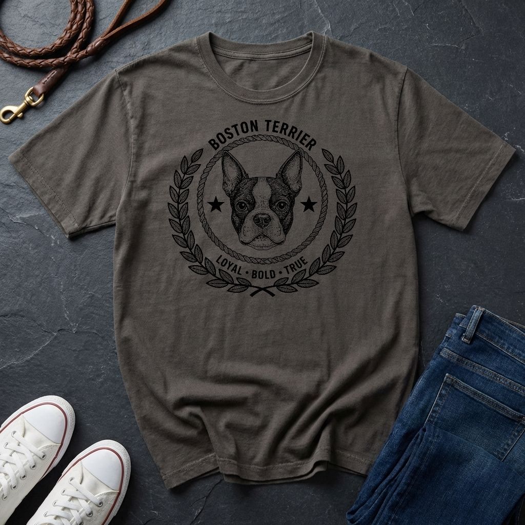 Gray Comfort Colors t-shirt with Boston Terrier graphic and text on a dark surface with shoes and jeans.
