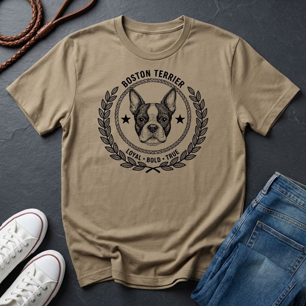 Beige Comfort Colors t-shirt with Boston Terrier graphic and text on a dark surface with shoes and jeans.