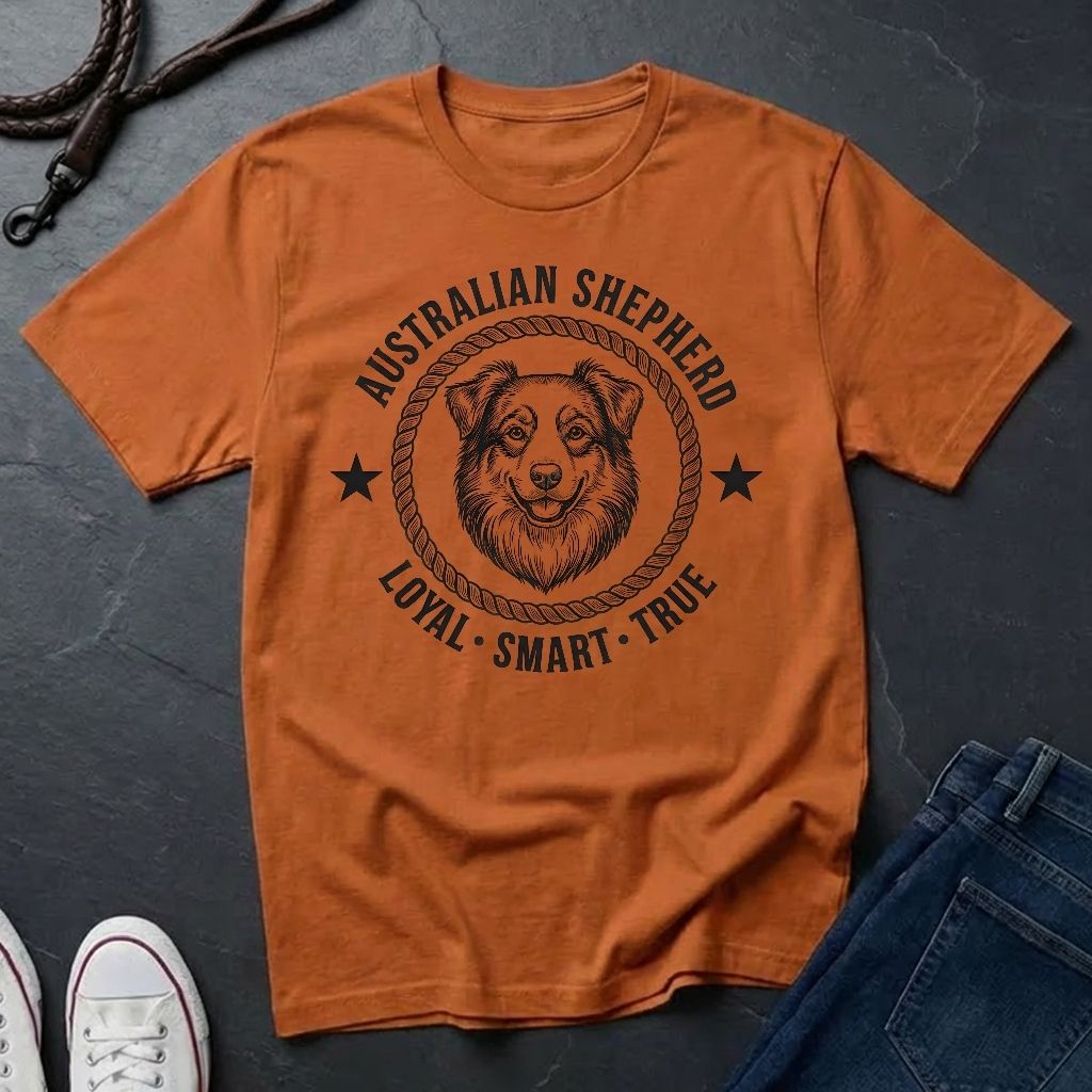 Orange Comfort Colors t-shirt with Australian Shepherd graphic and text on a dark surface