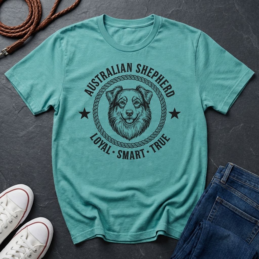 Teal Comfort Colors t-shirt with Australian Shepherd graphic and text on a dark surface with shoes and jeans.
