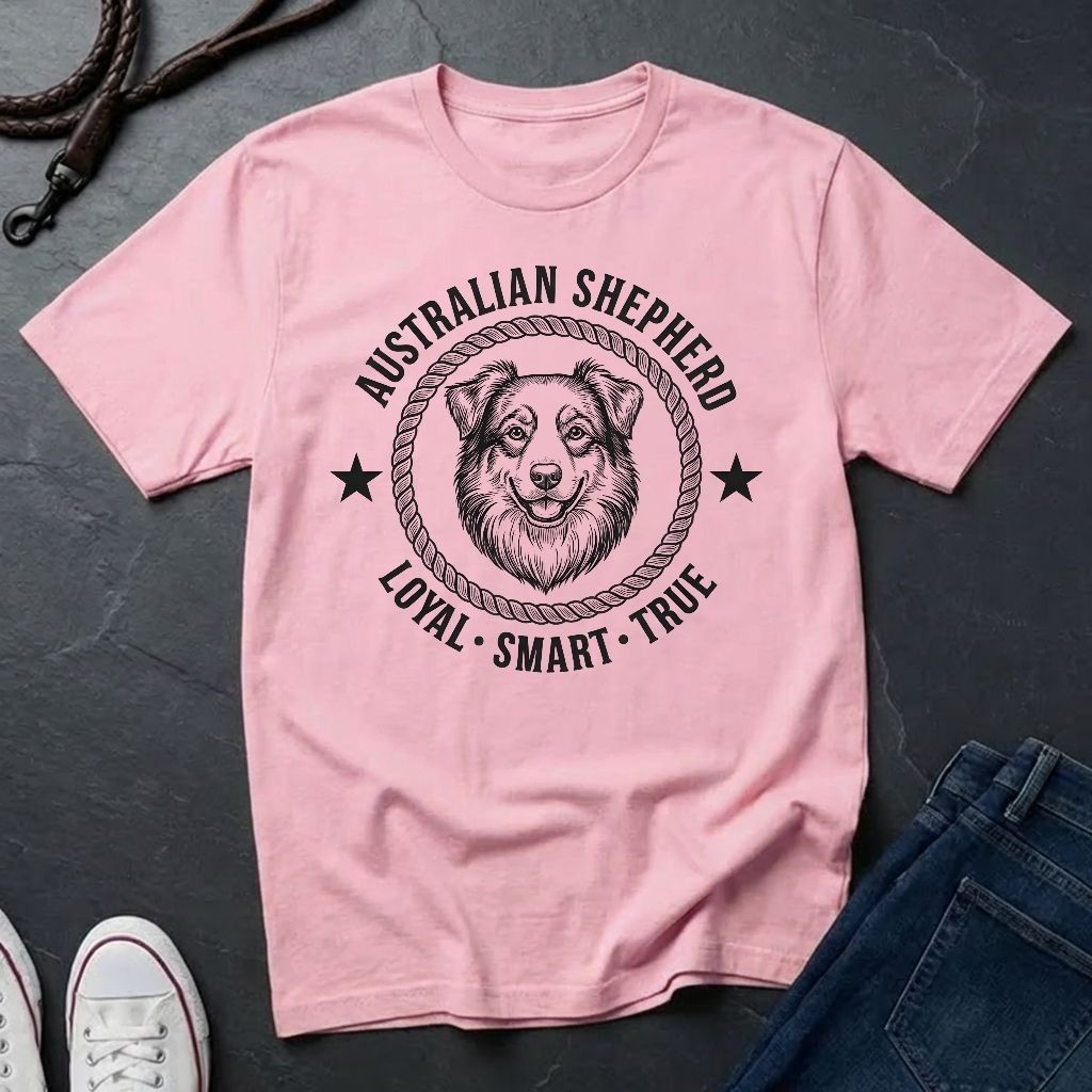 Pink Comfort Colors t-shirt with Australian Shepherd graphic and text on a dark surface