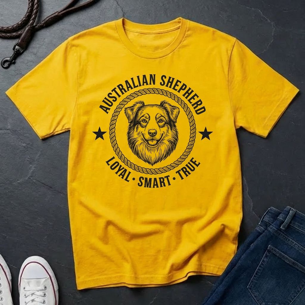 Yellow Comfort Colors t-shirt with Australian Shepherd graphic and text on a dark surface with jeans and shoes.