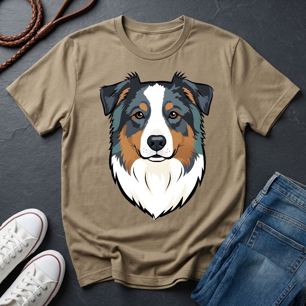 Beige Comfort Colors t-shirt with a dog graphic on a dark surface with shoes and jeans.