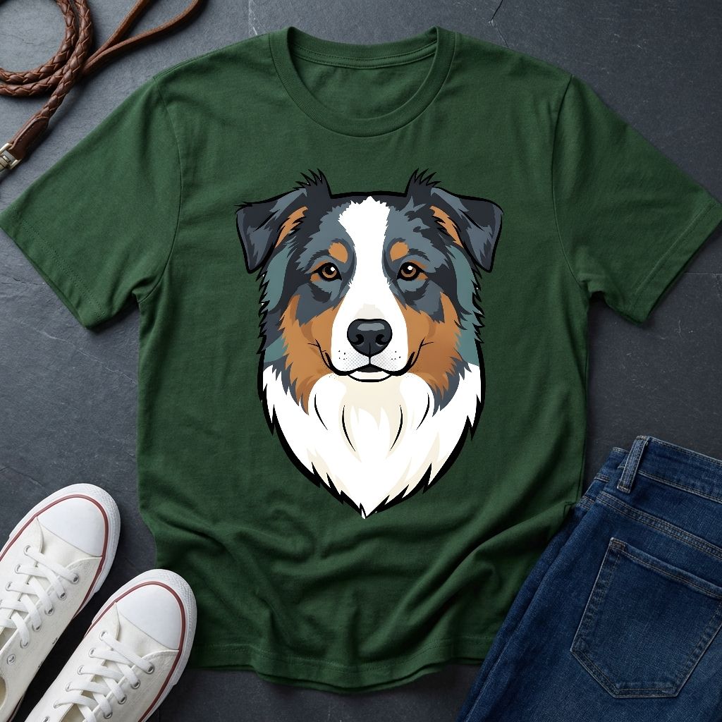 Green Comfort Colors t-shirt with a dog graphic on a dark surface with shoes and jeans.