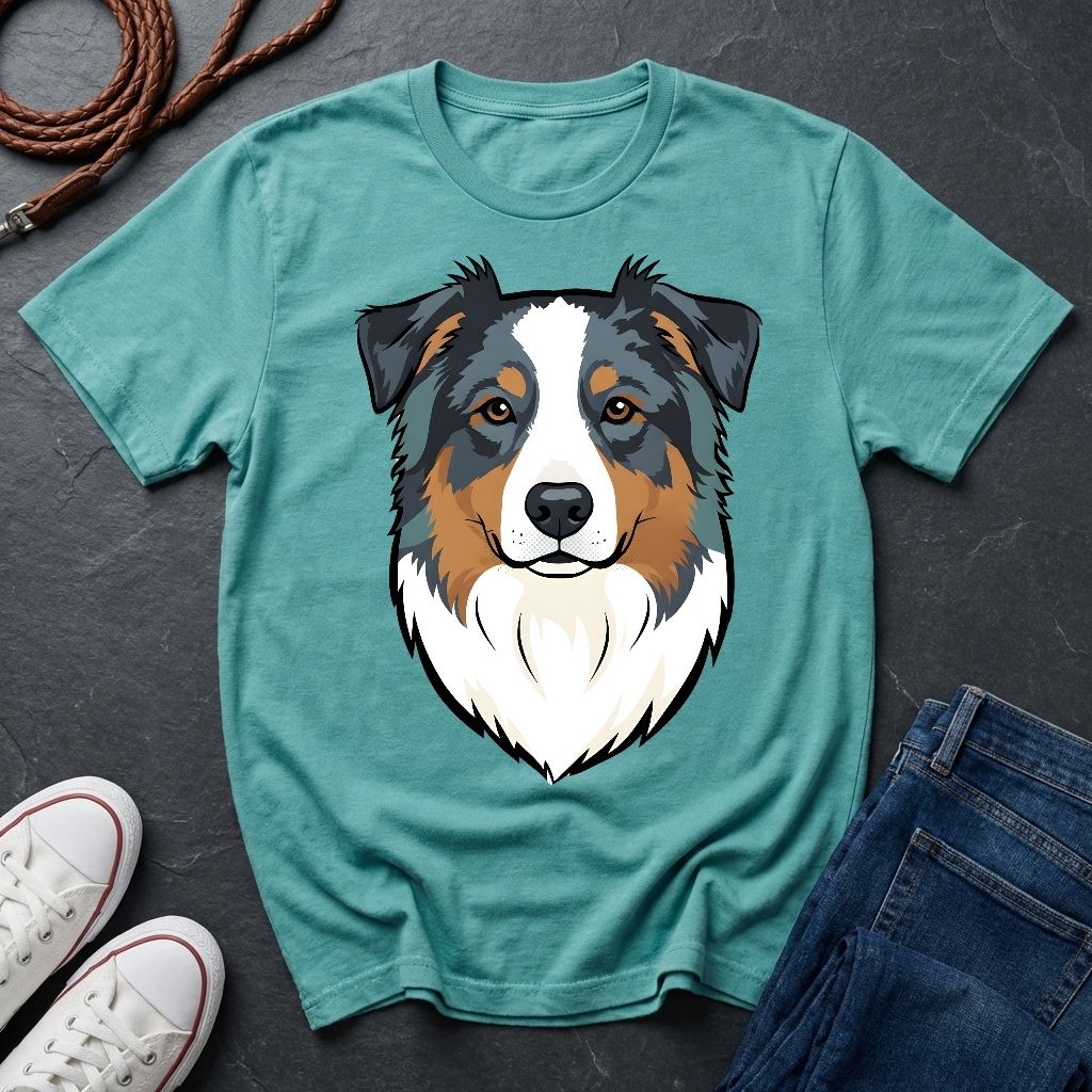 Teal Comfort Colors t-shirt with a dog graphic on a dark surface with shoes and jeans.