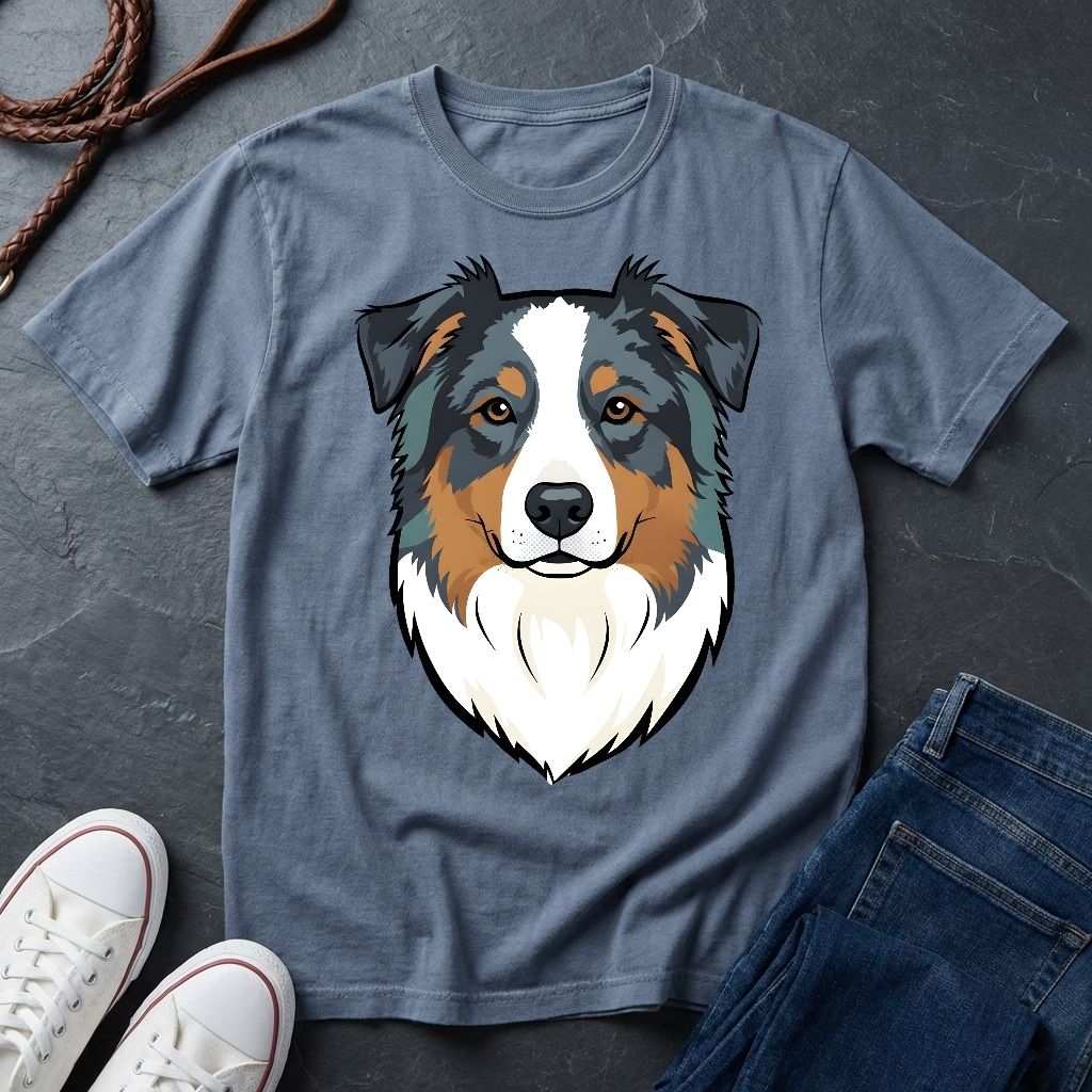 Blue Comfort Colors t-shirt with a dog graphic on a dark surface with shoes and jeans.