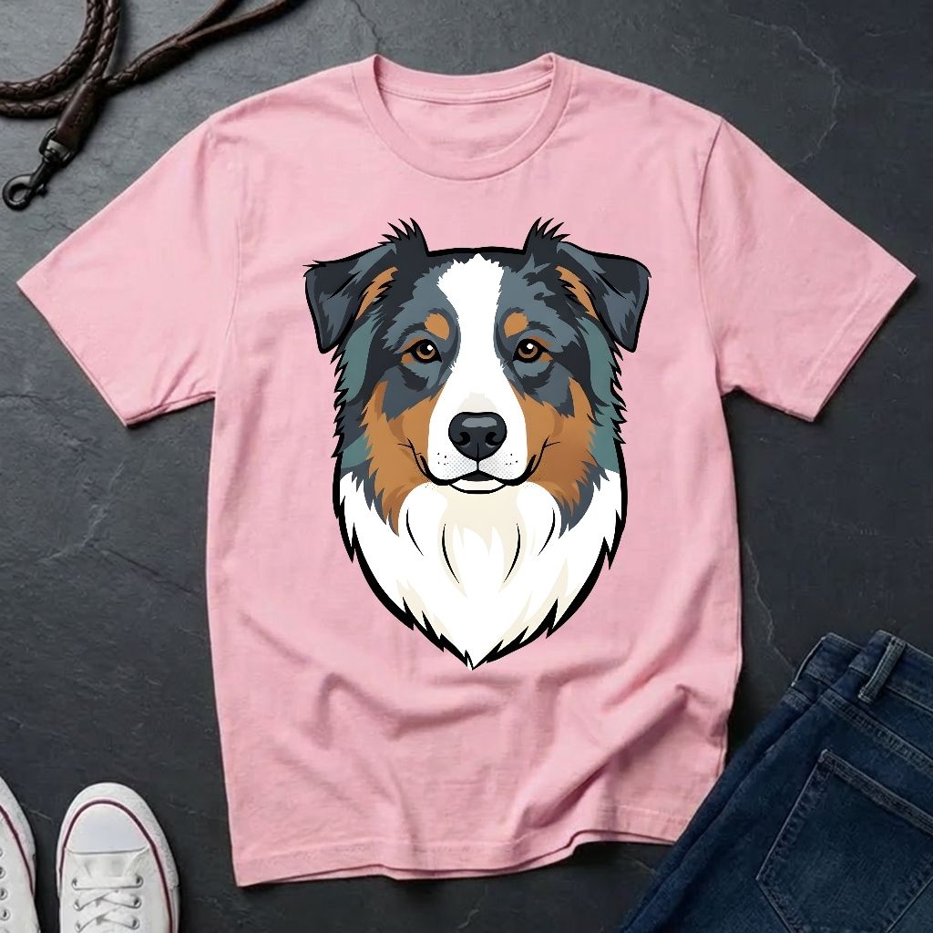 Pink Comfort Colors t-shirt with a dog graphic on a dark surface with jeans and shoes.