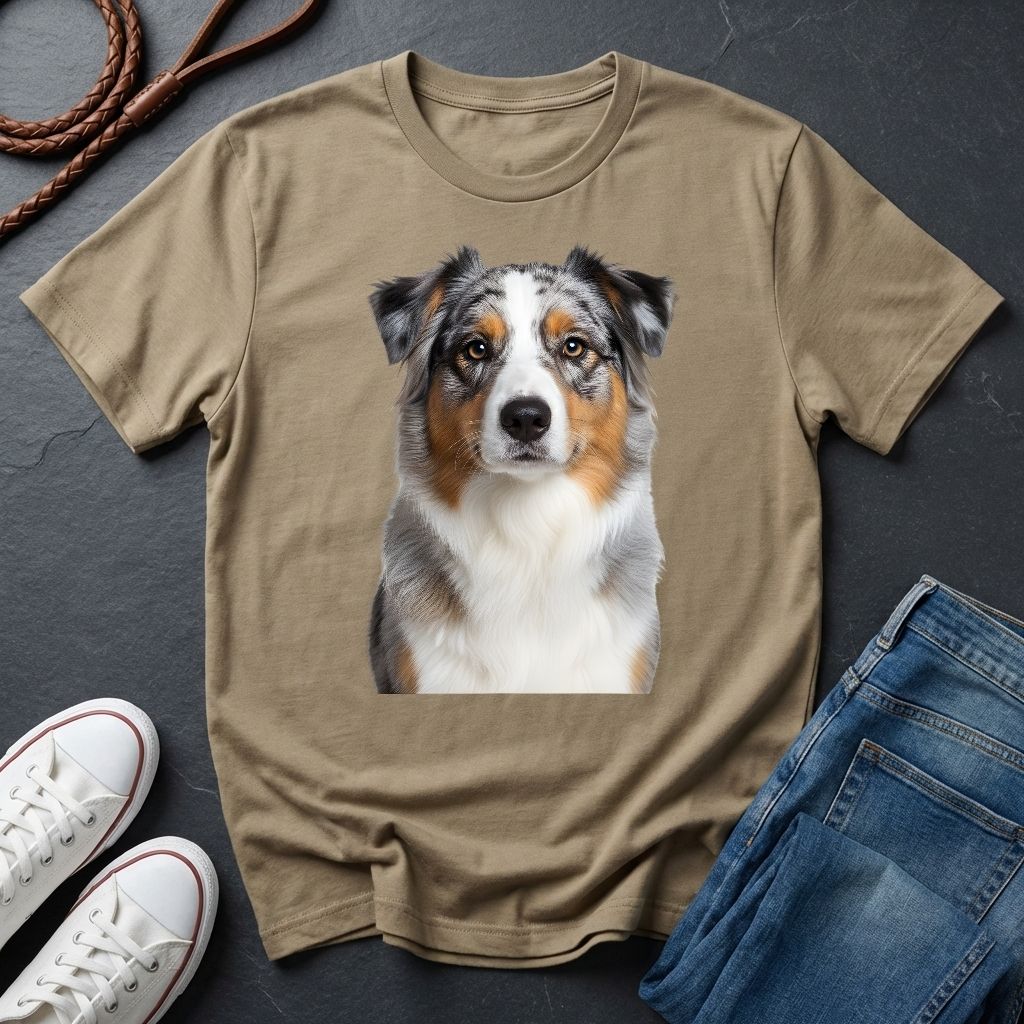 Beige Comfort Colors t-shirt with a dog graphic on a dark surface with shoes and jeans.