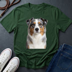 Green Comfort Colors t-shirt with a dog graphic on a dark surface with shoes and jeans.