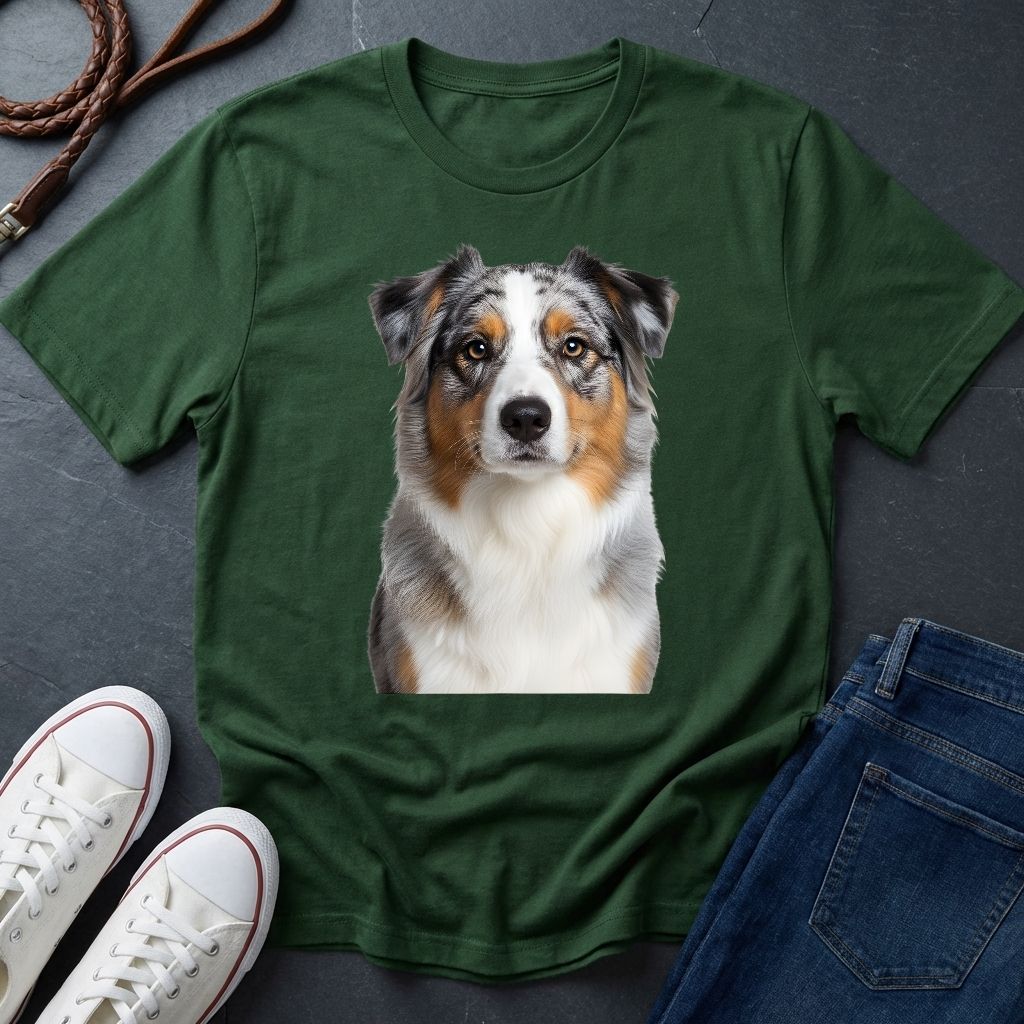 Green Comfort Colors t-shirt with a dog graphic on a dark surface with shoes and jeans.