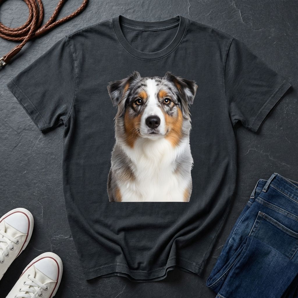 Black Comfort Colors t-shirt with a dog graphic on a dark surface with shoes and jeans.