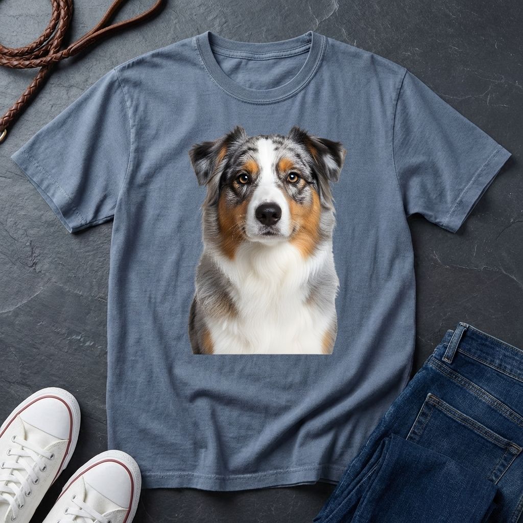Blue Comfort Colors t-shirt with a dog graphic on a dark surface with shoes and jeans.