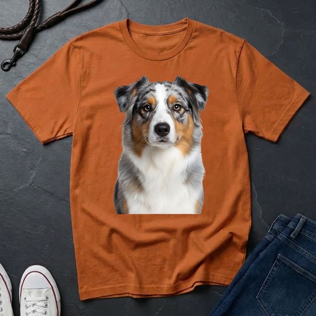 Orange Comfort Colors t-shirt with a dog graphic on a dark surface