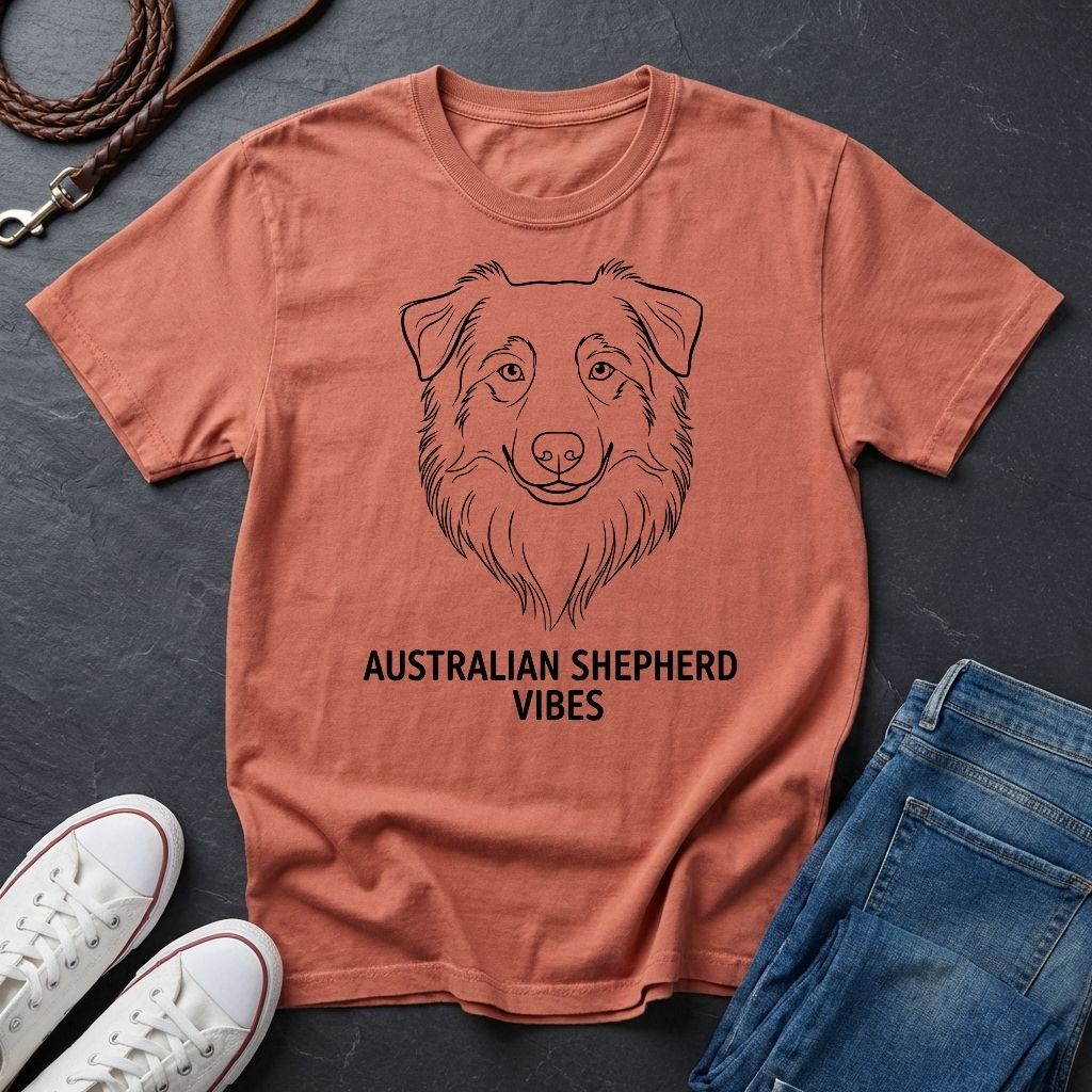 Coral Comfort Colors t-shirt with Australian Shepherd design and text on a dark surface with shoes and jeans.